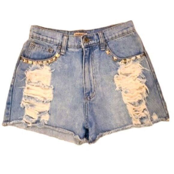 EUC Urban Renewal High Waist Distressed Denim Shorts Stud Trim - Size XS - Picture 1 of 8